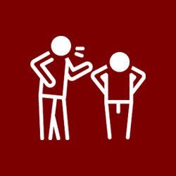 A couple of stick figures standing next to each other on a red background.