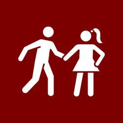 A man and a woman are holding hands on a red background.