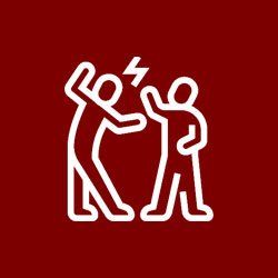 A couple of people standing next to each other on a red background.