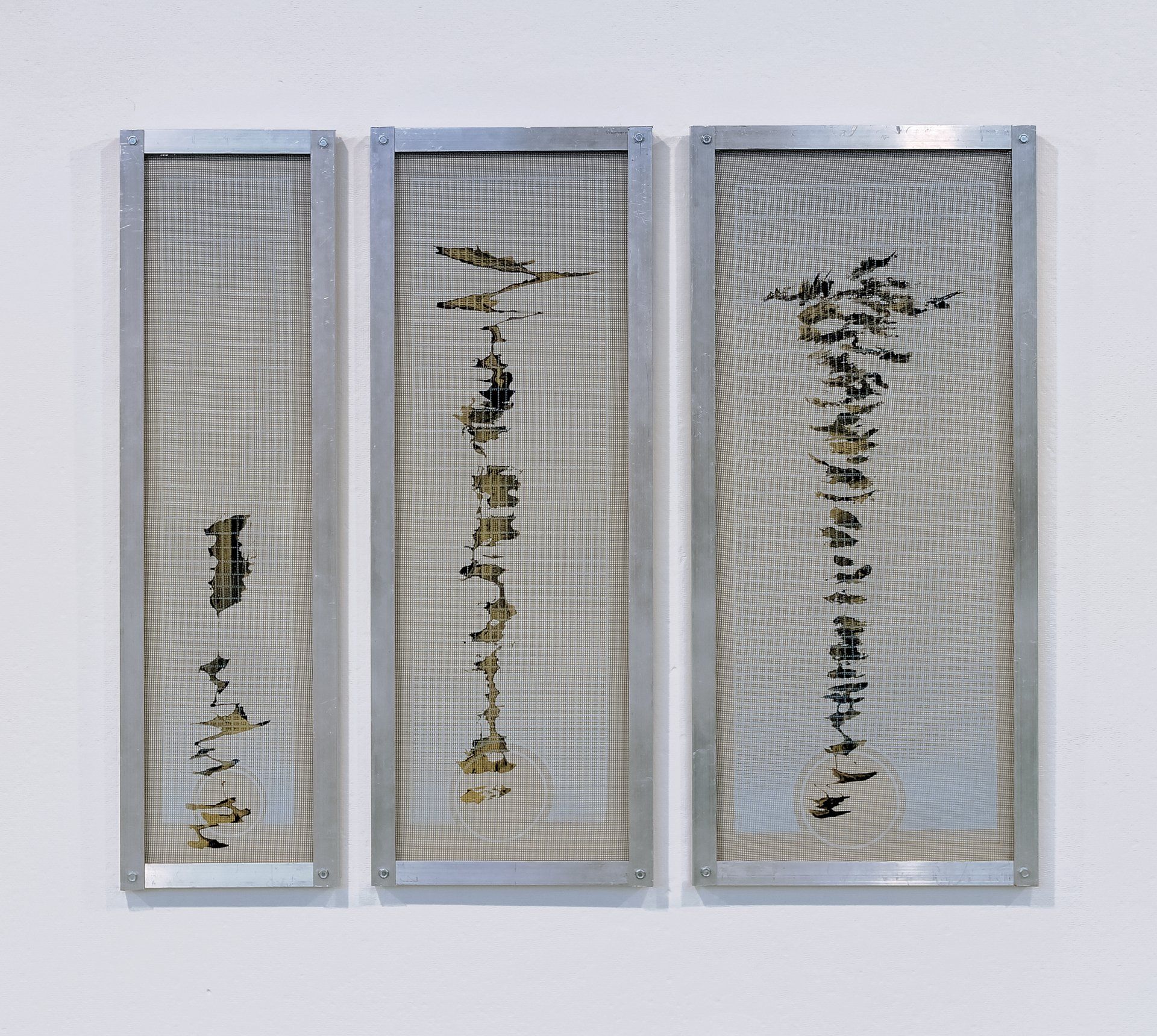 These artworks show stuttering paint drips pulled out in zig zags up a vertical path, with a grid printed over them in screen materials.