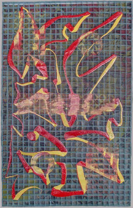 A long trailing paint travels over a paper tressel structure in red and yellow.