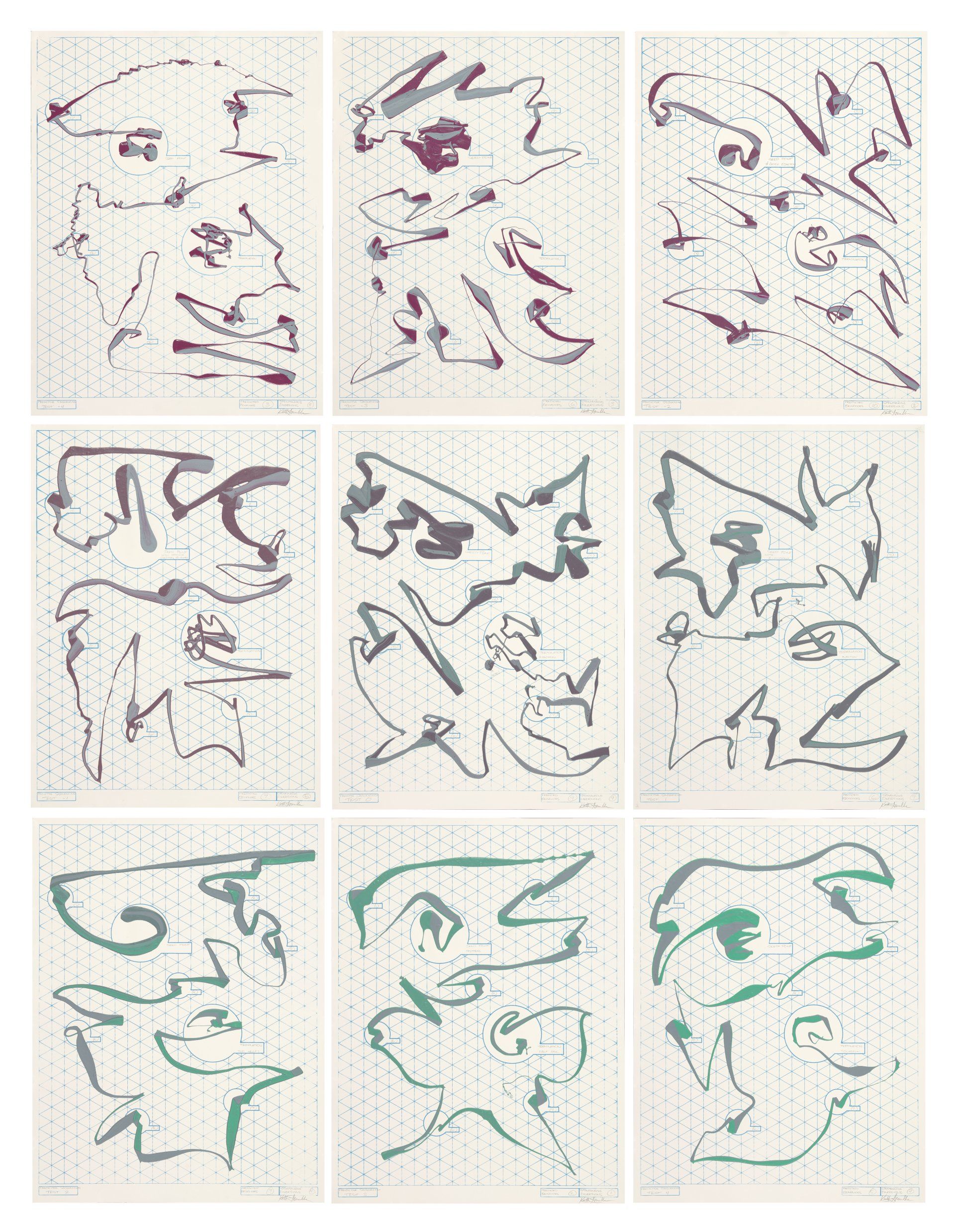 A nine-piece series that shows similarly structured paint drips trailing across silkscreened grids.