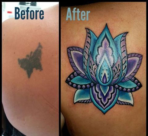 Colourful Lotus Tattoo - Cover Up — Woman Design Tattoo — Custom Tattoos in South Lismore, NSW Colourful Lotus Tattoo - Cover Up — Woman Design Tattoo — Custom Tattoos in South Lismore, NSW
