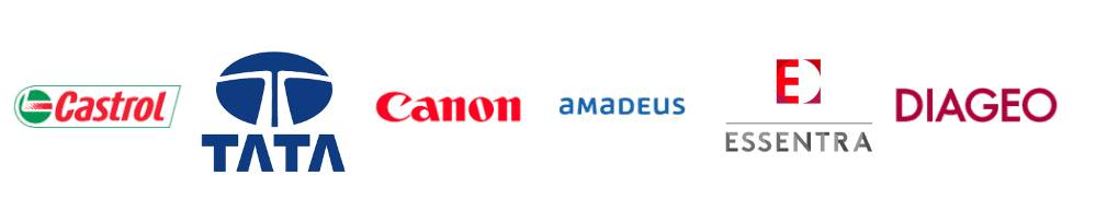 A row of logos including castrol canon amadeus and tata