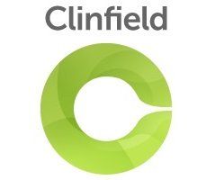 The clinfield logo is a green circle with a white circle in the middle.