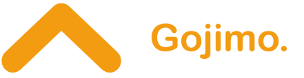 A gojimo logo with an orange arrow on a white background