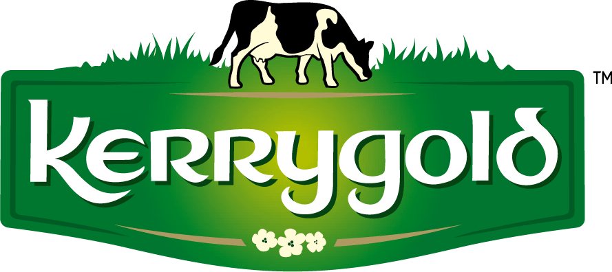 The kerrygold logo has a cow grazing in the grass.