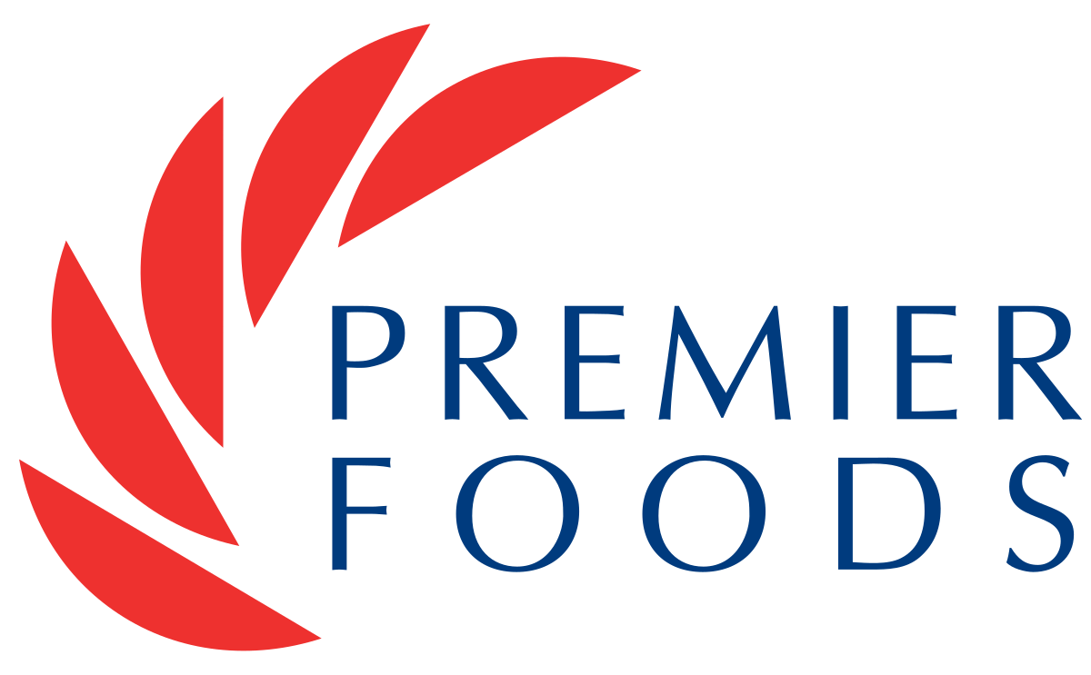 A red and blue logo for premier foods