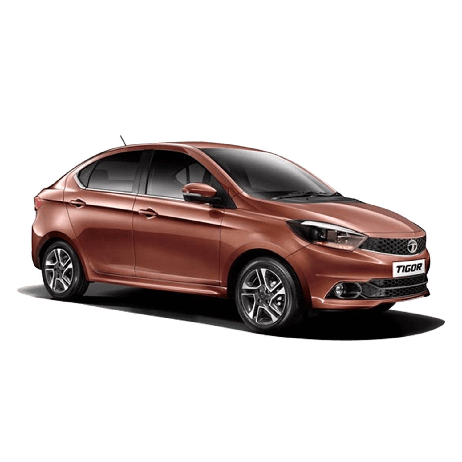 A red tata tigor car is shown on a white background.