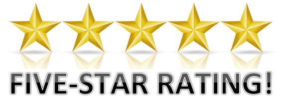 Five gold stars are lined up next to the words five-star rating