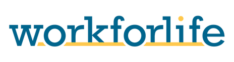 A blue and yellow logo for workforlife on a white background.