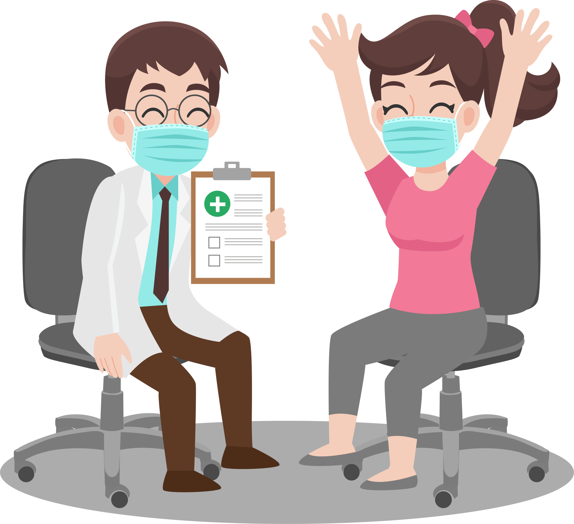 A doctor is sitting next to a woman wearing a mask and holding a clipboard.