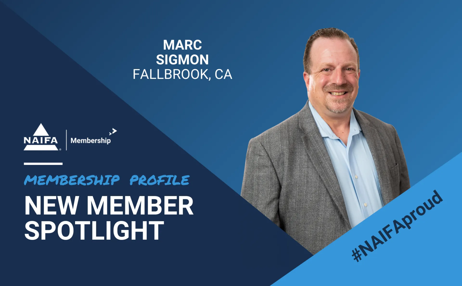 A man in a suit stands in front of a blue background that says new member spotlight