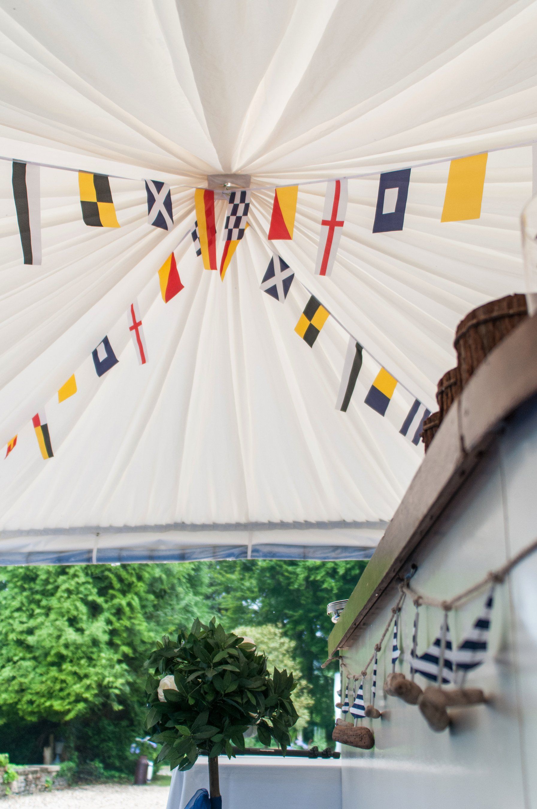 A bunch of flags are hanging from the ceiling