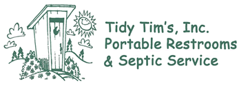 Logo for Tidy Tim's Inc. Portable Restrooms & Septic Service with a restroom icon and sunburst.