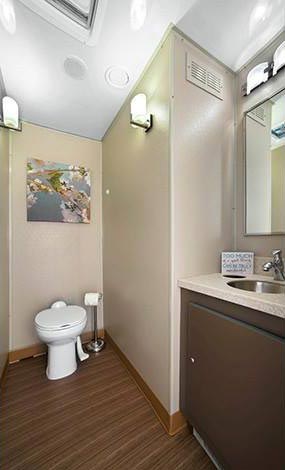 Small beige bathroom with a toilet, sink, mirror cabinet, wall art, and wood-look floor.