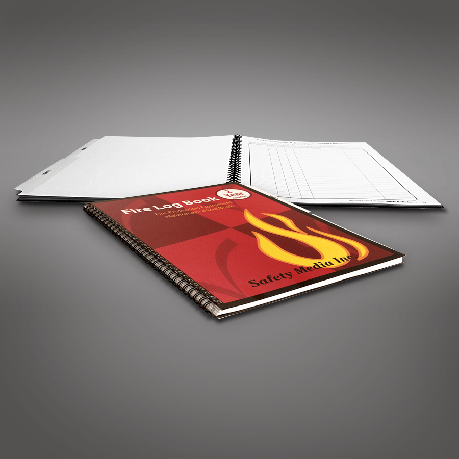 A spiral notebook with a fire logo on the cover