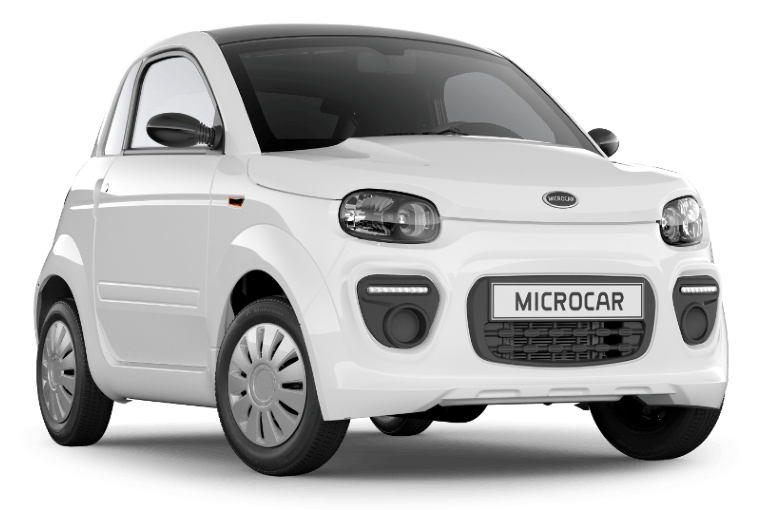 Une microcar blanche est représentée sur un fond blanc.