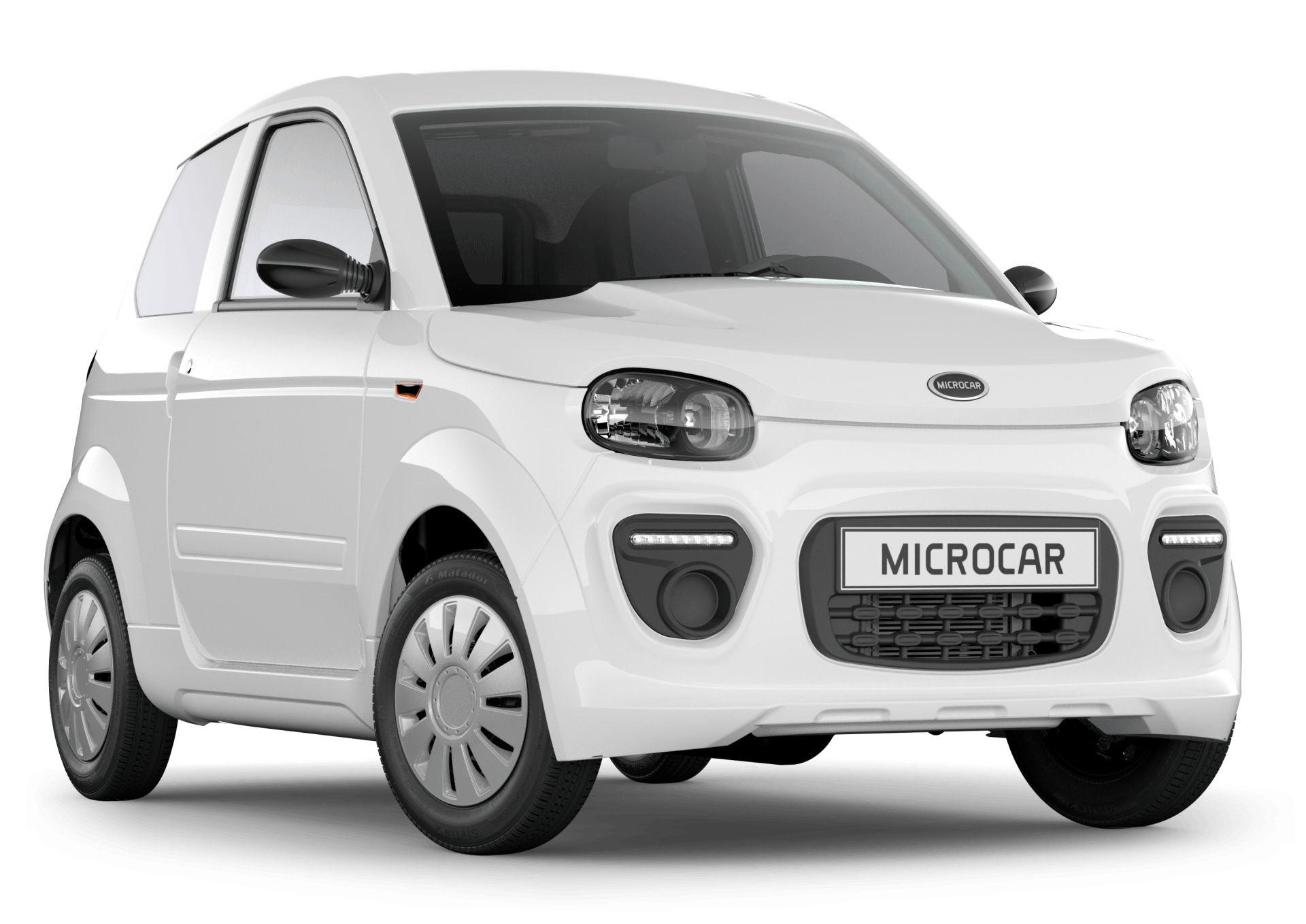Une microcar blanche est représentée sur un fond blanc.
