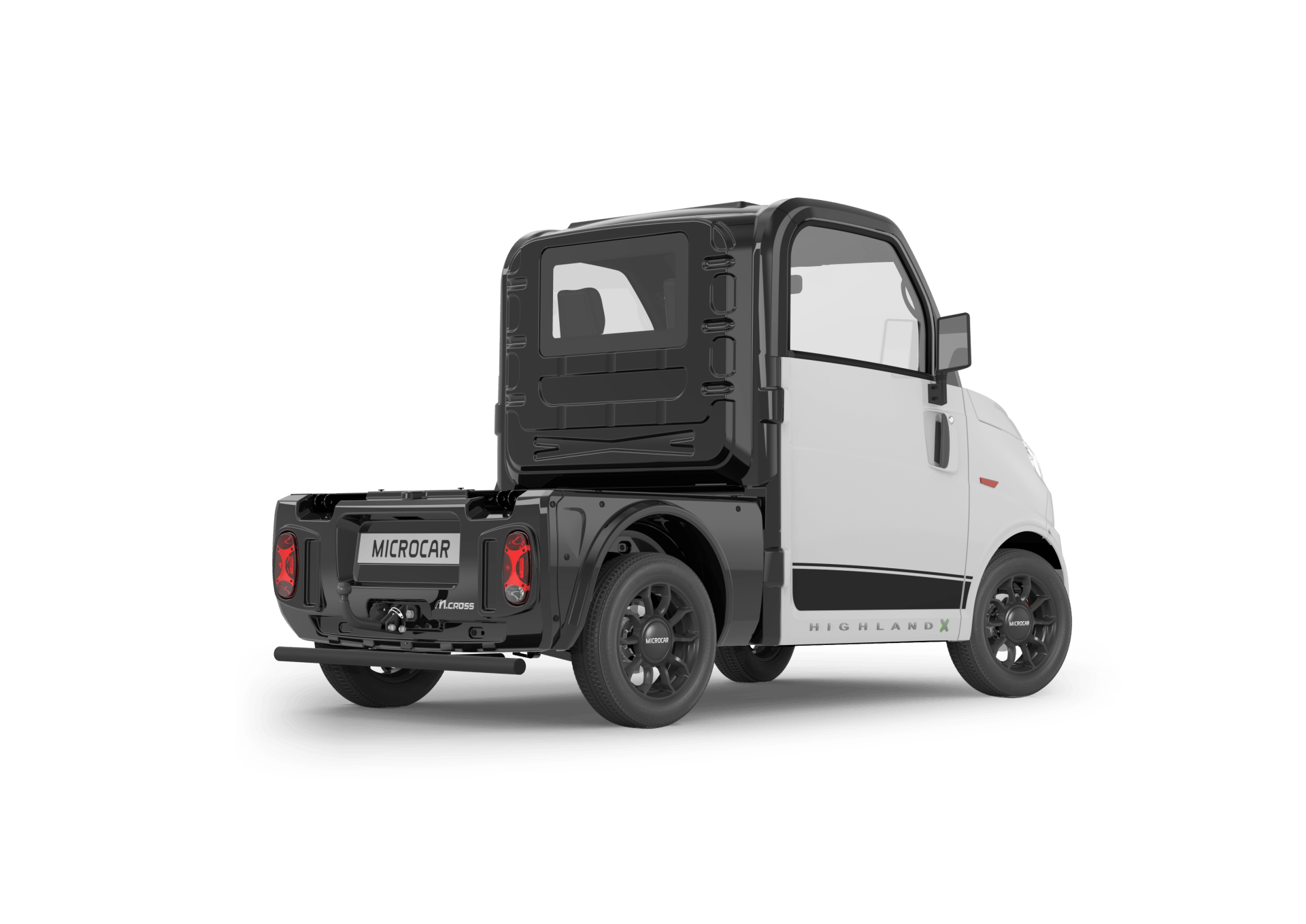 L'arrière d'un camion blanc avec un toit noir sur fond blanc.
