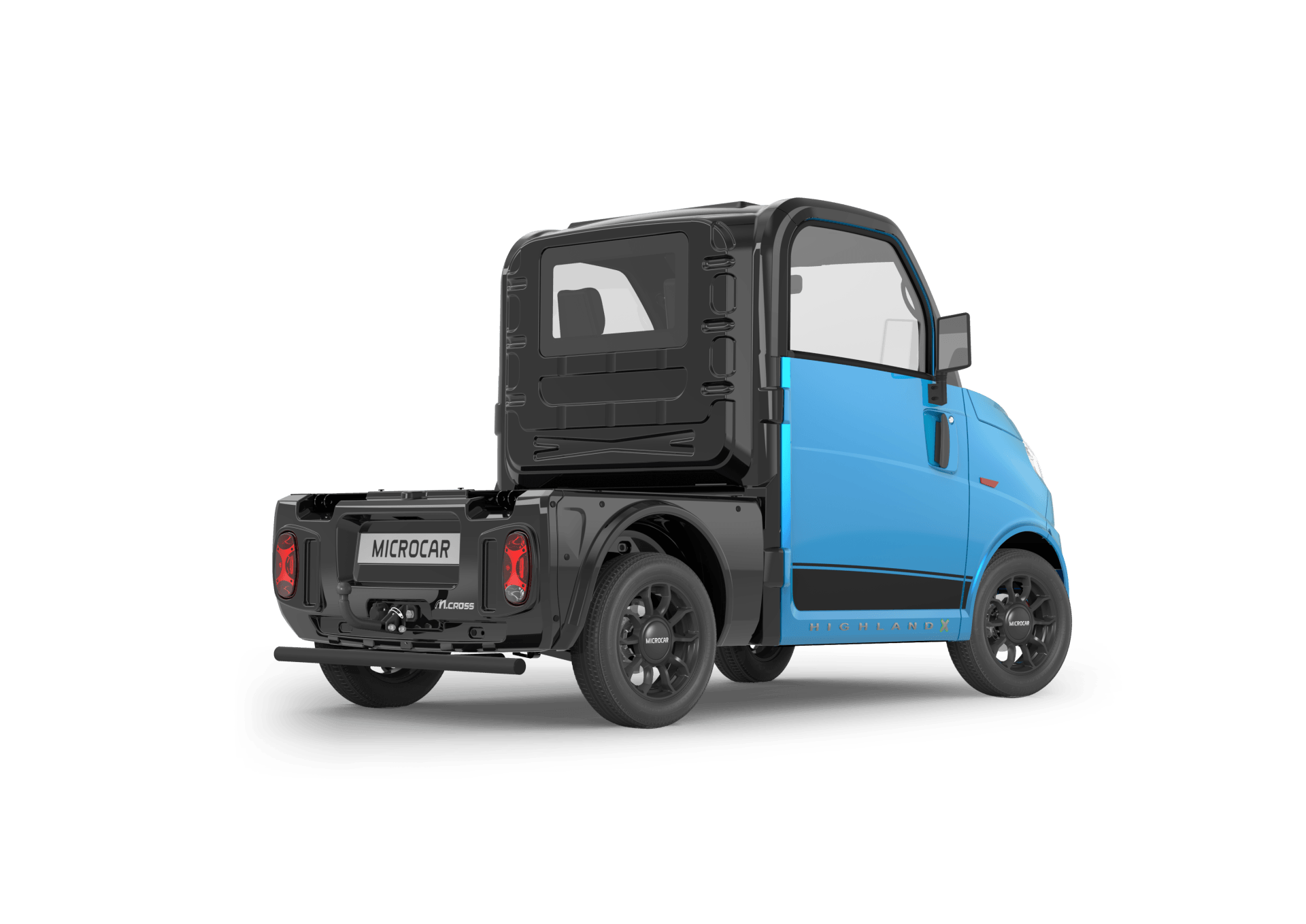 L'arrière d'un camion électrique bleu et noir sur fond blanc.