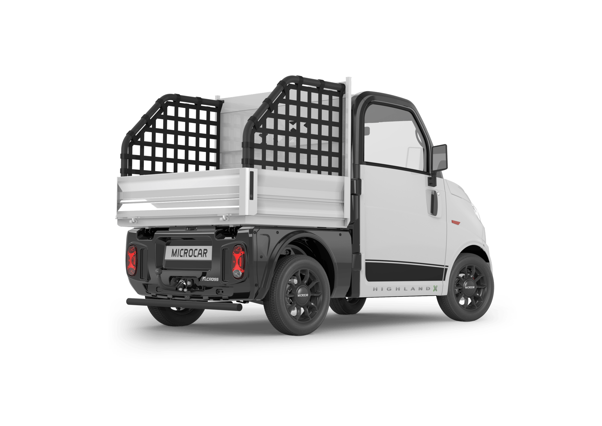 Un camion blanc avec une cage à l'arrière sur un fond blanc.