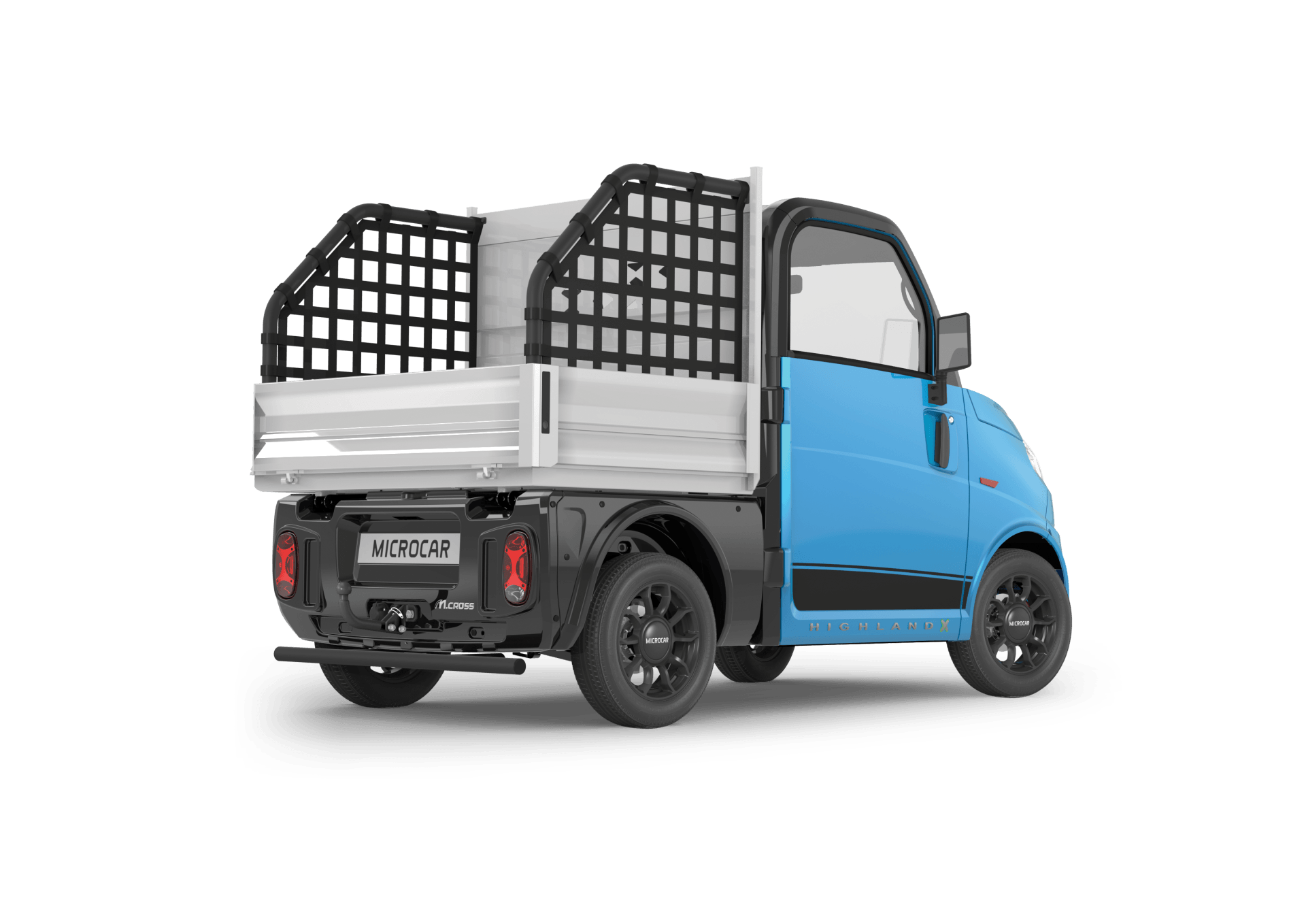 Un camion bleu et blanc avec une cage à l'arrière est sur un fond blanc.