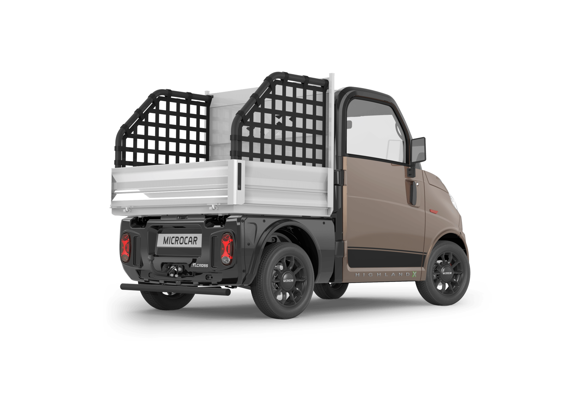 Un petit camion avec une cage à l'arrière sur fond blanc.
