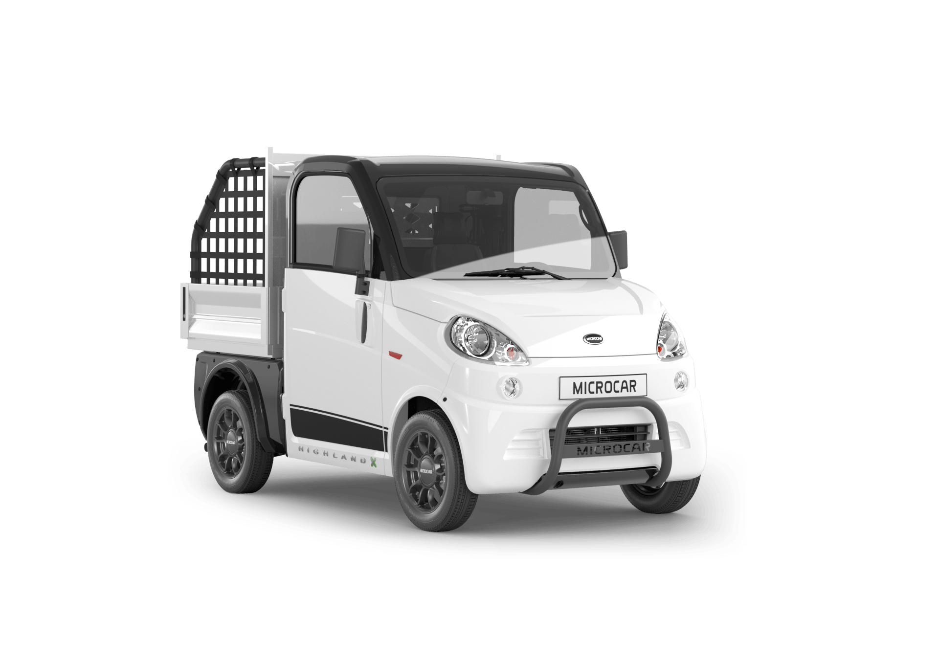 Une camionnette blanche avec une calandre noire sur fond blanc.