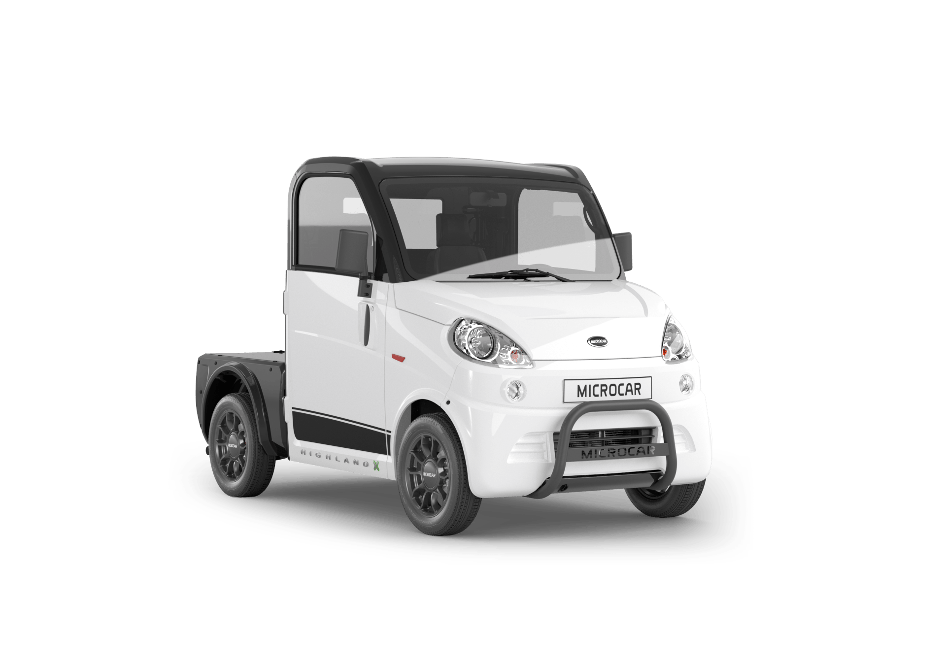 Un camion électrique blanc avec un toit noir sur fond blanc.