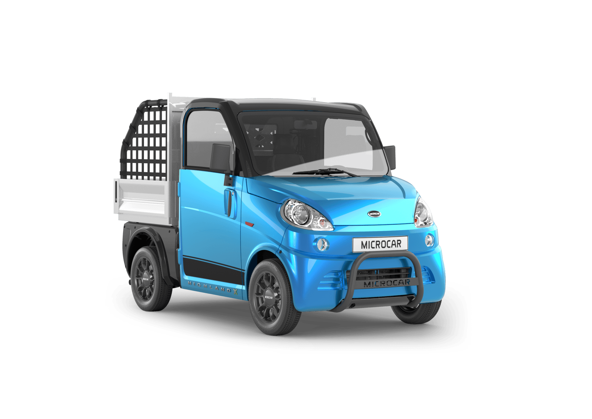 Un camion électrique bleu avec un lit blanc sur fond blanc.