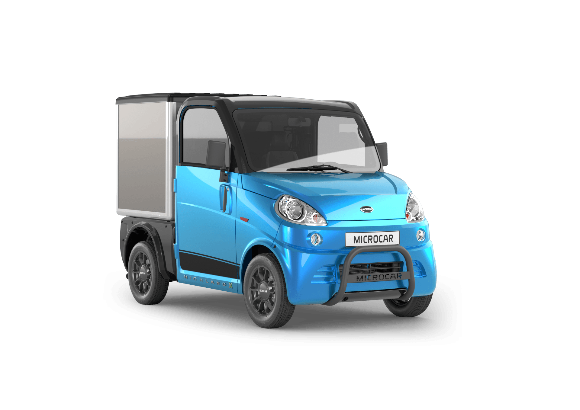 Une camionnette bleue avec une caisse à l'arrière est sur un fond blanc.