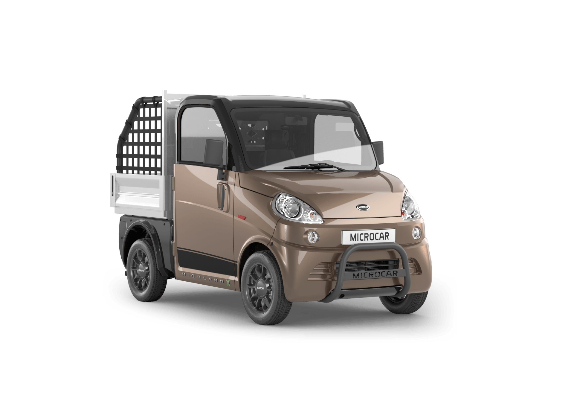 Un petit camion avec une benne de chargement sur fond blanc.