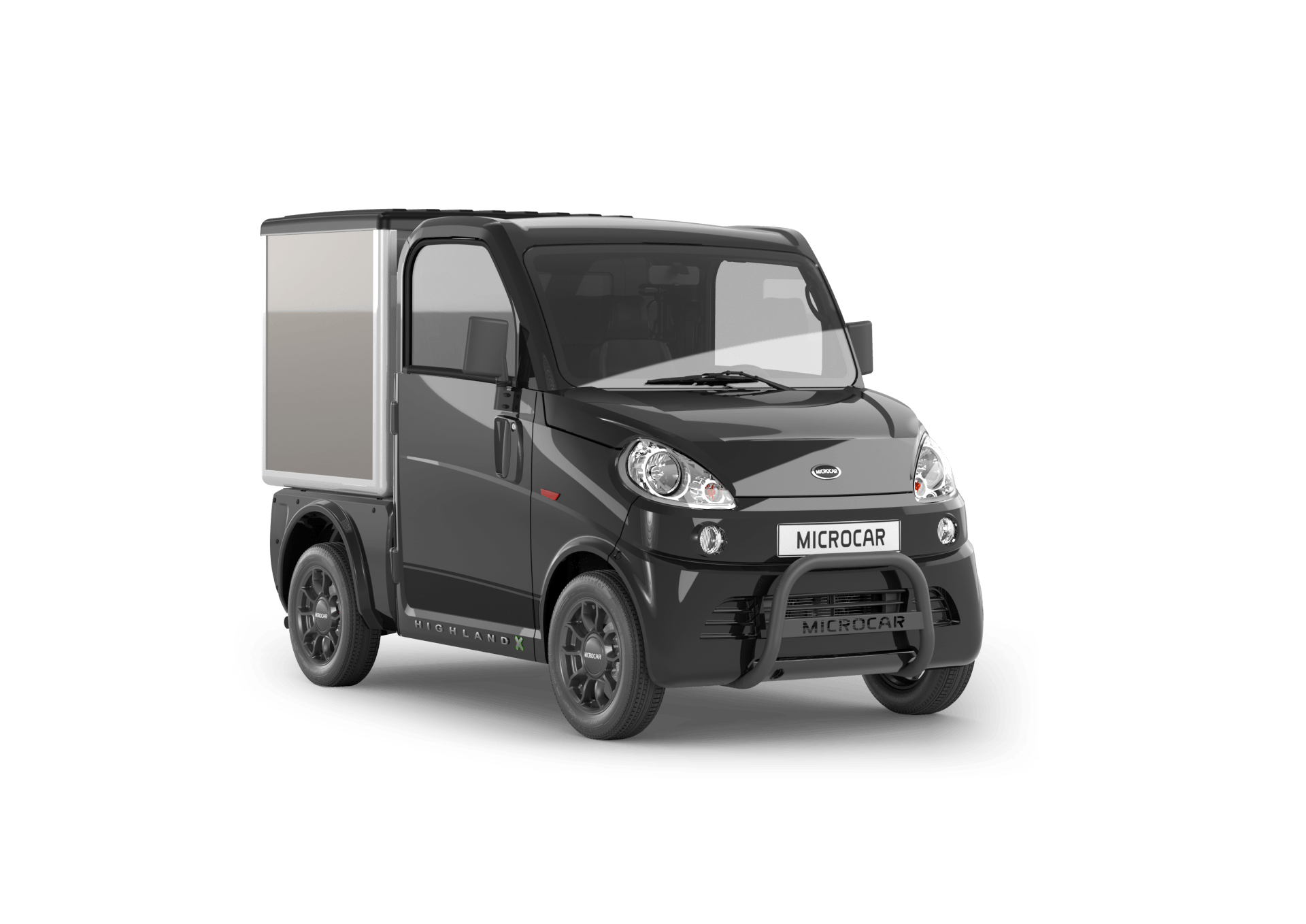 Une petite camionnette noire avec une boîte dessus sur un fond blanc.