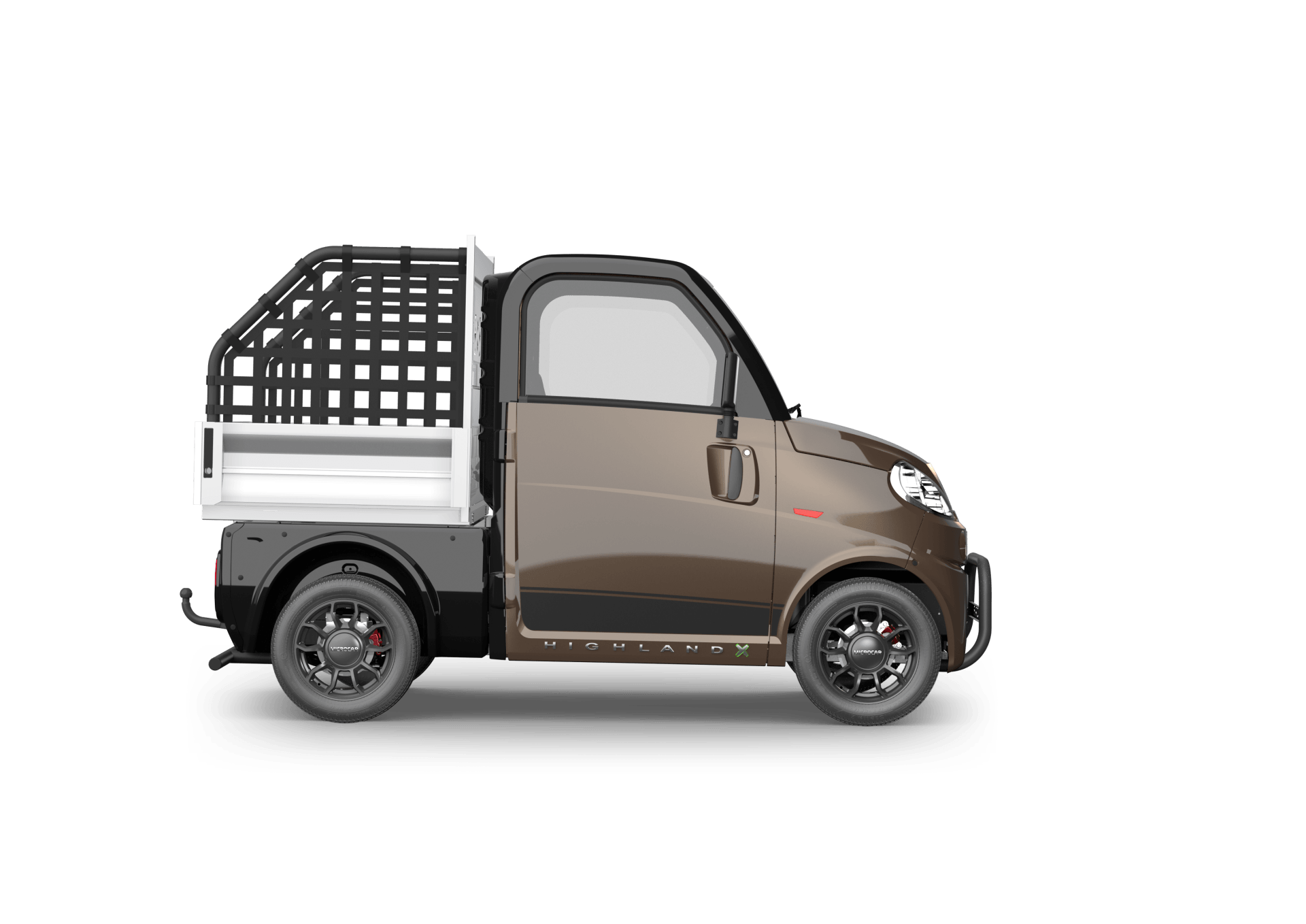 Un petit camion avec une cage à l'arrière sur fond blanc.