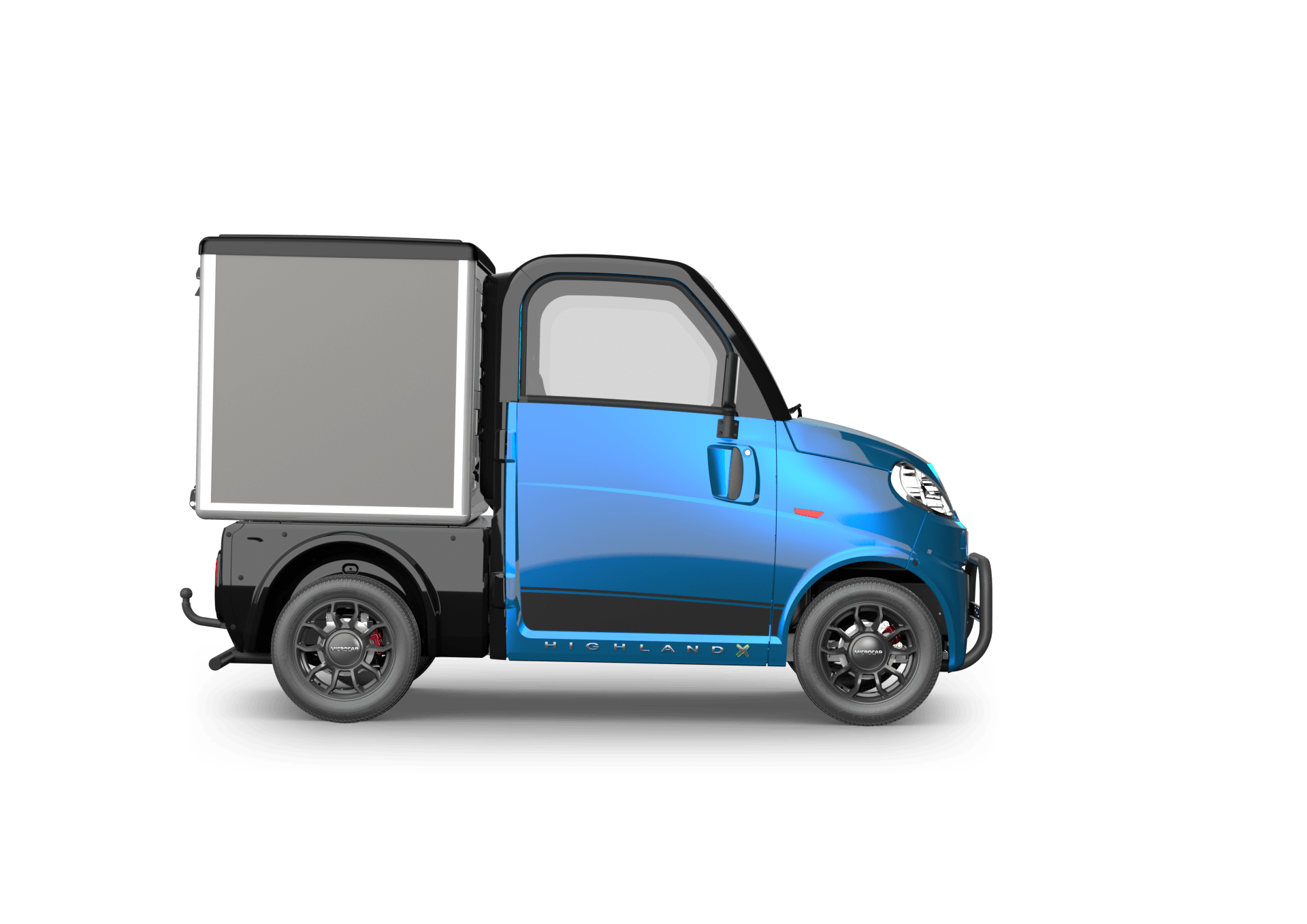Un camion de livraison électrique bleu avec une boîte à l'arrière.
