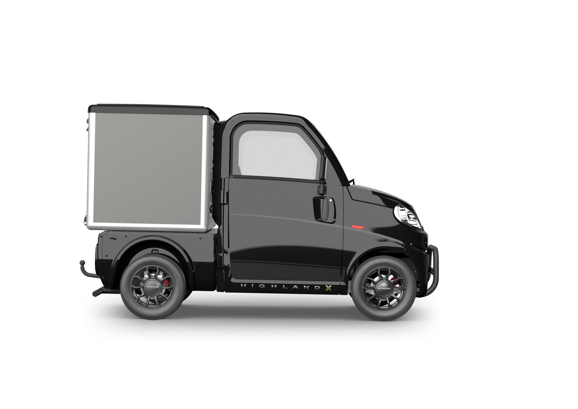 Un camion de livraison noir avec une boîte à l'arrière sur fond blanc.
