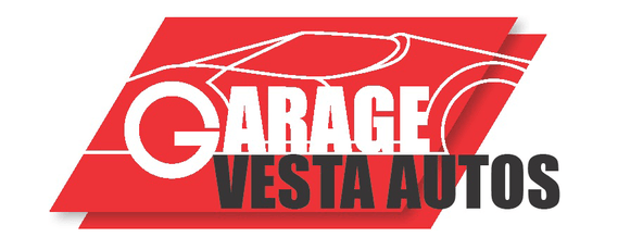 Un logo rouge pour le garage Vesta Autos avec une voiture dessus