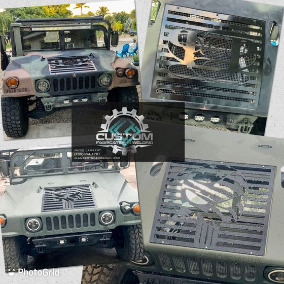 Two Humvees, one camo, one green, show off custom metal grilles with a logo: Custom Fabrication World.