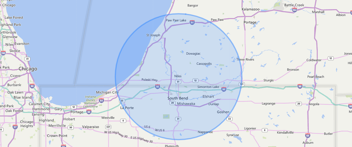 Map showing a blue circle over an area including Lake Superior and parts of Minnesota and Wisconsin.