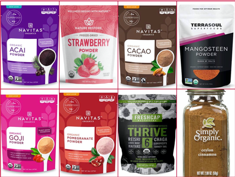 There are many different types of powders in this collage.