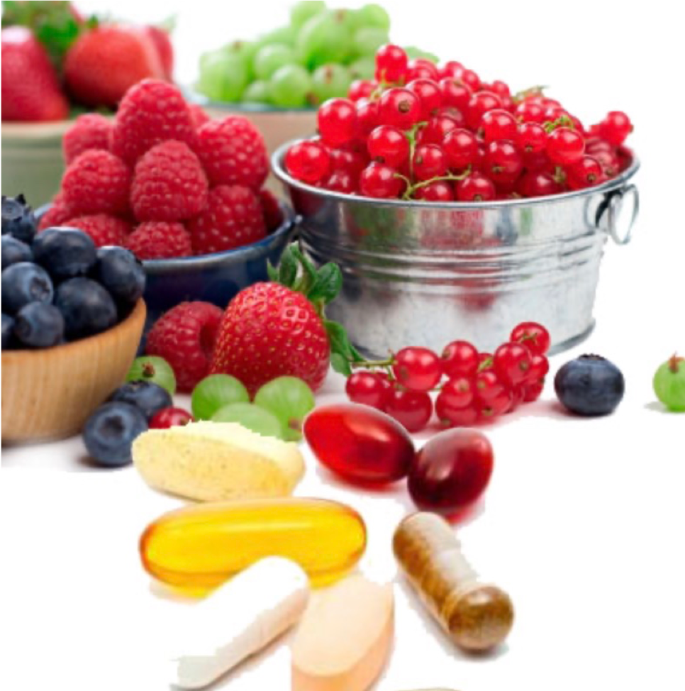 A bucket of cherries sits next to a bowl of strawberries and blueberries