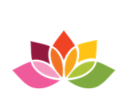 A colorful lotus flower with leaves on a white background.
