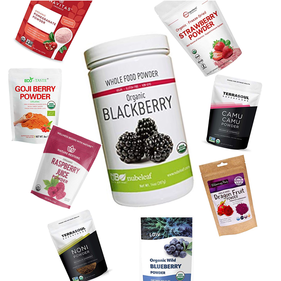 A bottle of blackberry whole food powder is surrounded by bags of other berries.