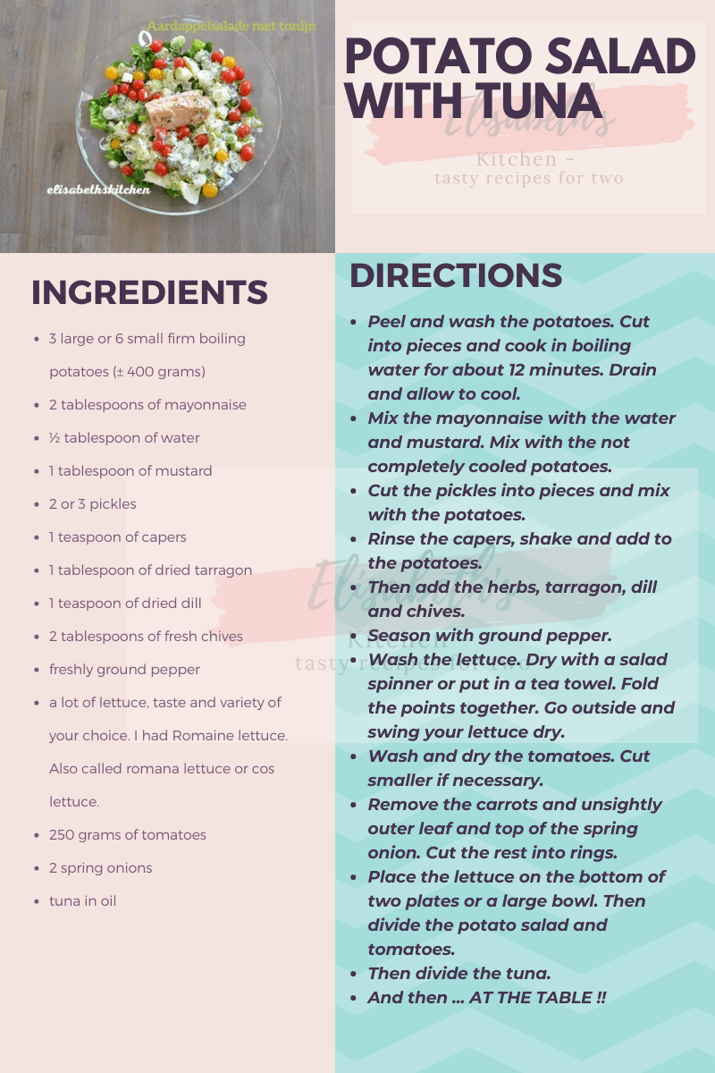 Recept voor aardappelsalade met tonijn; ingrediëntenlijst, bereidingswijze en een overzichtelijke lay-out.