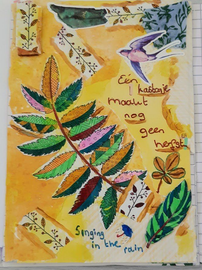 Watercolor art: colorful leaf, swallow, text