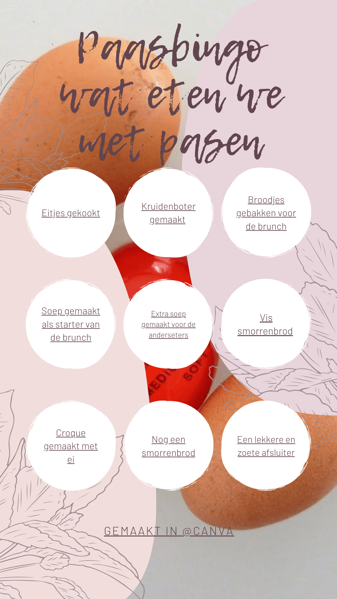 Paasbingokaart met etenswaren. Beige en rode kleuren. Nederlandse tekst.