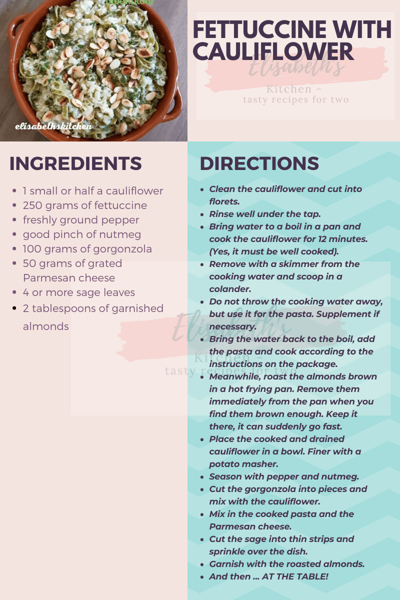This is the English version of the recipe Recept voor fettuccine met bloemkool. De ingrediënten en bereidingswijze staan vermeld naast een kom pasta.