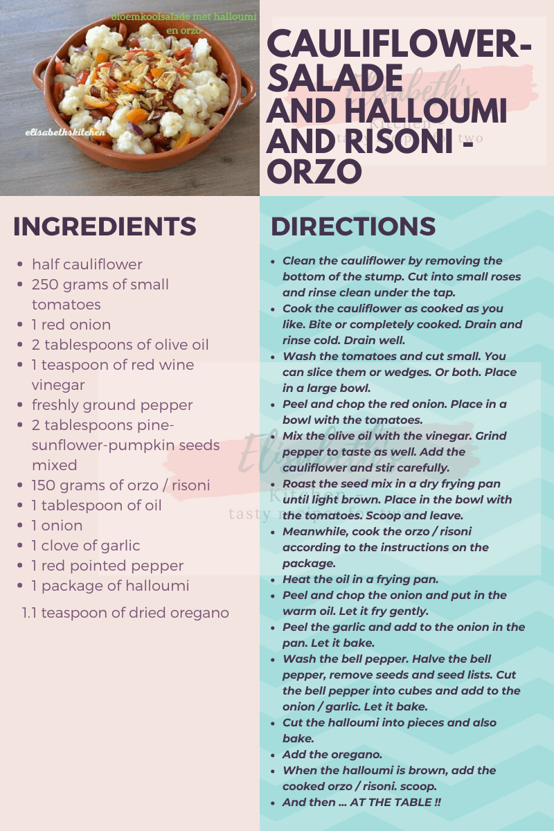This is the English version of the recipe Bloemkoolsalade met halloumi en orzo. Ingrediënten en bereidingswijze op een turquoise achtergrond.
