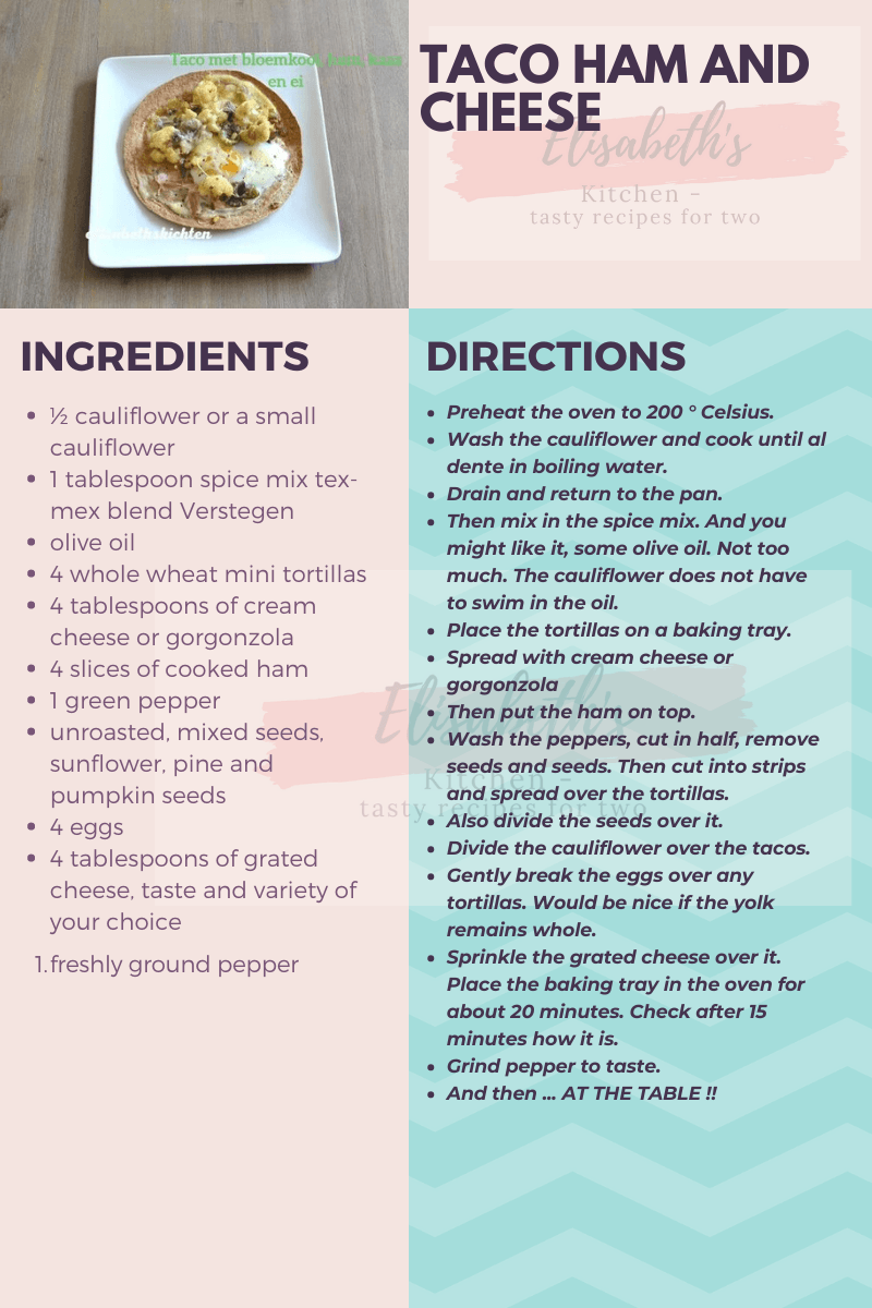 This is the English version of the recipe Recept voor taco's met ham en kaas, inclusief ingrediënten, bereidingswijze en een foto van het eindresultaat.